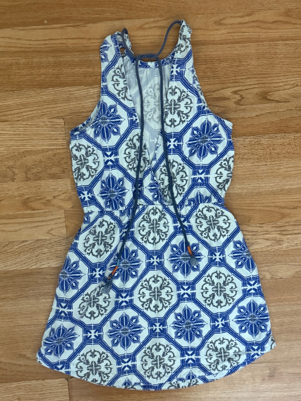 Modern Amusement Halter Tie Back Blue and White Printed Mini Dress